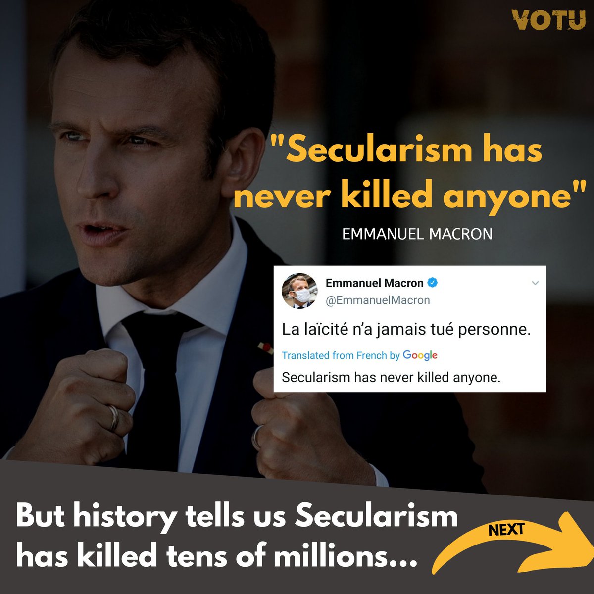 votummah's tweet photo. Did Macron really claim "Secularism has never killed anyone"?! 😳🤦‍♂️

#Waronislam #StopMacron #BoycottFrance #BoycottSecularism https://t.co/eXZYlfc99i
