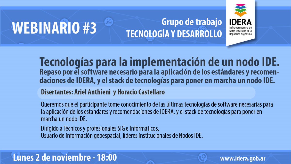 hcastellaro's tweet photo. Hoy lunes 2/11 a las 18 hs. presentamos el webinar sobre Tecnologías para una IDE junto a @aanthieni en el marco del ciclo de webinars de @ide_argentina 

Vamos a ver cómo @qgis @postgis @GeoNode @GeoserverO GeoNetwork, etc. contribuyen a las IDE

https://t.co/QlGVgLHWsc https://t.co/LeH7nsWsY1