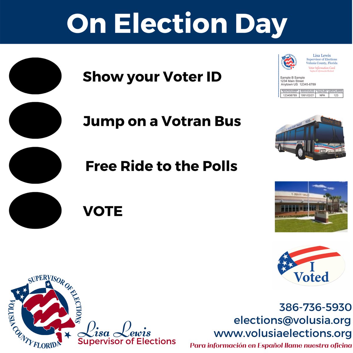 vcelections's tweet photo. Tomorrow is Election Day.

If you need a ride to the polls, show your Voter ID card and Votran will give you a free ride!

#BeElectionReady #VolusiaElections https://t.co/GUt6jshcJR