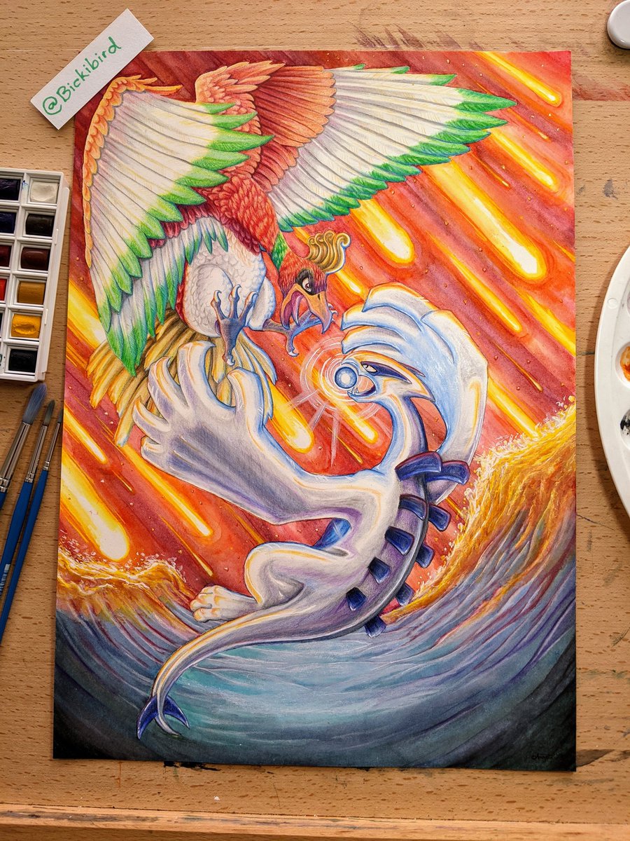 Lugia vs Ho-Oh. Done in watercolours and coloured pencils. #pokemon #lugia #HOOH