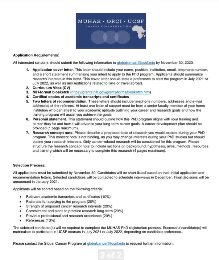 muhimbiliuniver's tweet photo. Cancer Research Training Program for PhD Scholars in Tanzania.

Deadline for Application is 30 November,2020 https://t.co/zwW71r1O1C