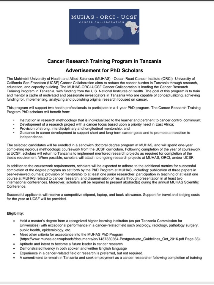muhimbiliuniver's tweet photo. Cancer Research Training Program for PhD Scholars in Tanzania.

Deadline for Application is 30 November,2020 https://t.co/zwW71r1O1C