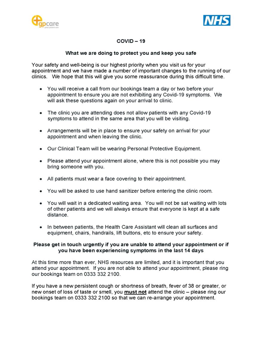 If you have COVID-19 symptoms or are waiting COVID-19 test results please do not attend your appointment and call us on 0333 332 2100. Please help the NHS by letting us know if you cannot attend so we can reallocate your appointment. Every missed appointment costs the NHS £160.
