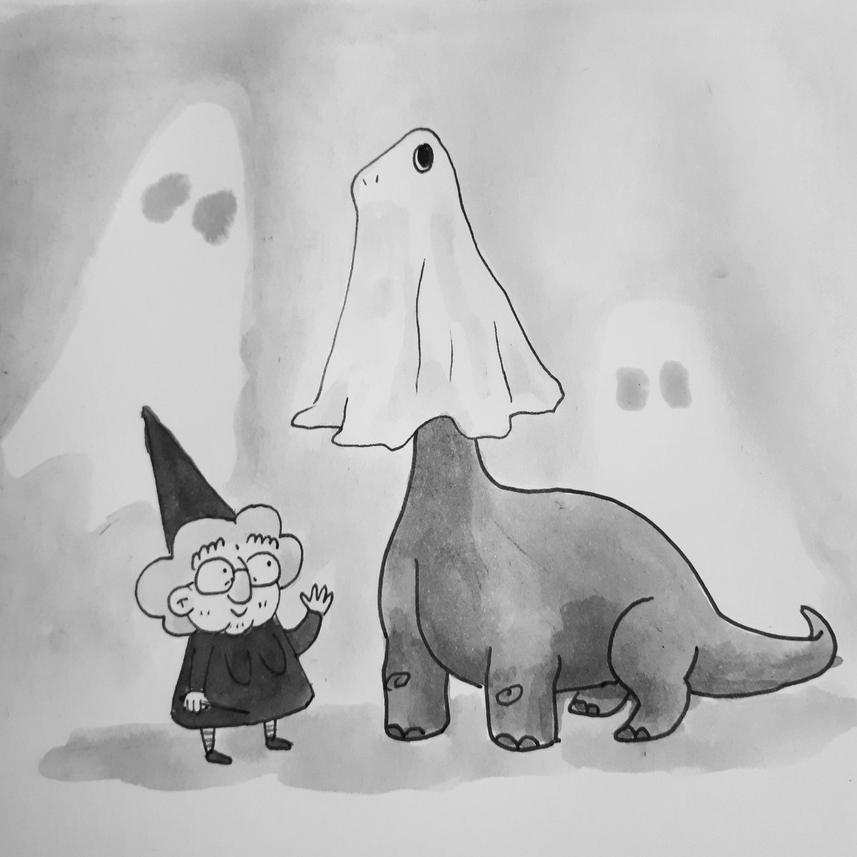 owlgress_illu's tweet photo. Day 2 #dinovember 
#grannyannie #illustration #ink #blackandwhite #halloween #costume #ghost #witch https://t.co/ivQOITuCou