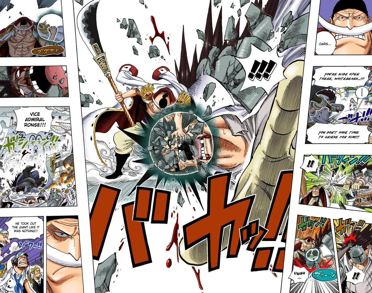 A fckng tsunami. Now tell me, what would have happened if Aokiji wasnt there??Just think about it.Blocking an admiral attack with ease.Oldbeard (unharmed yet) could easily deflect a sneak attack from a GIANT vice admiral and easily oneshotted his ass.