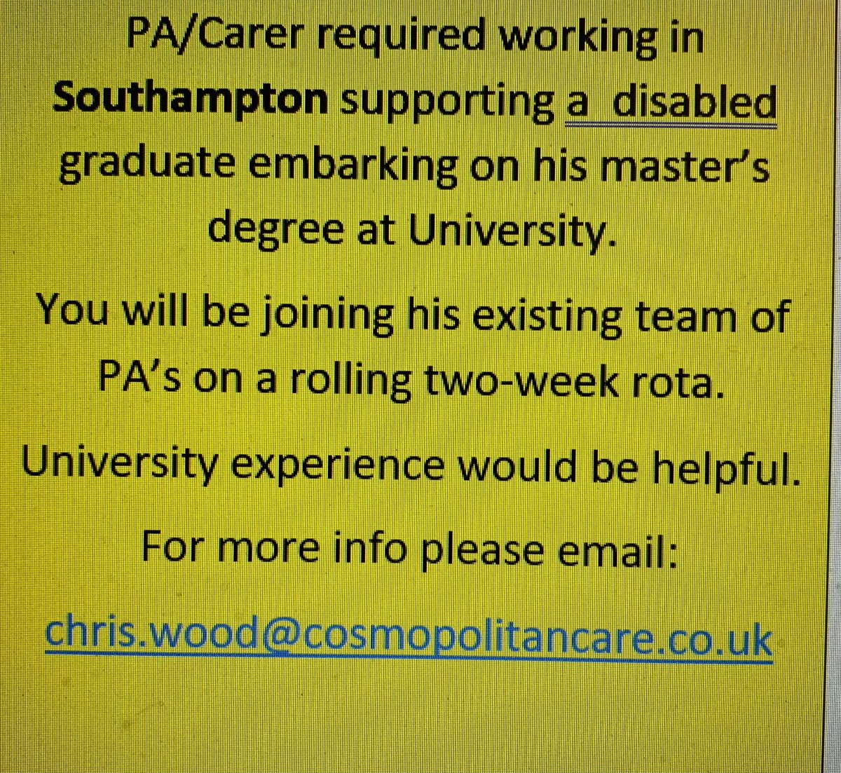 WE ARE HIRING 😀: :)...Great opportunity to support a disabled Graduate at <a href="/solentuni/">Southampton Solent University</a> Southampton. Experience as a University student would be desirable but not essential. Full training on clients care needs provided. #universityjobs #University