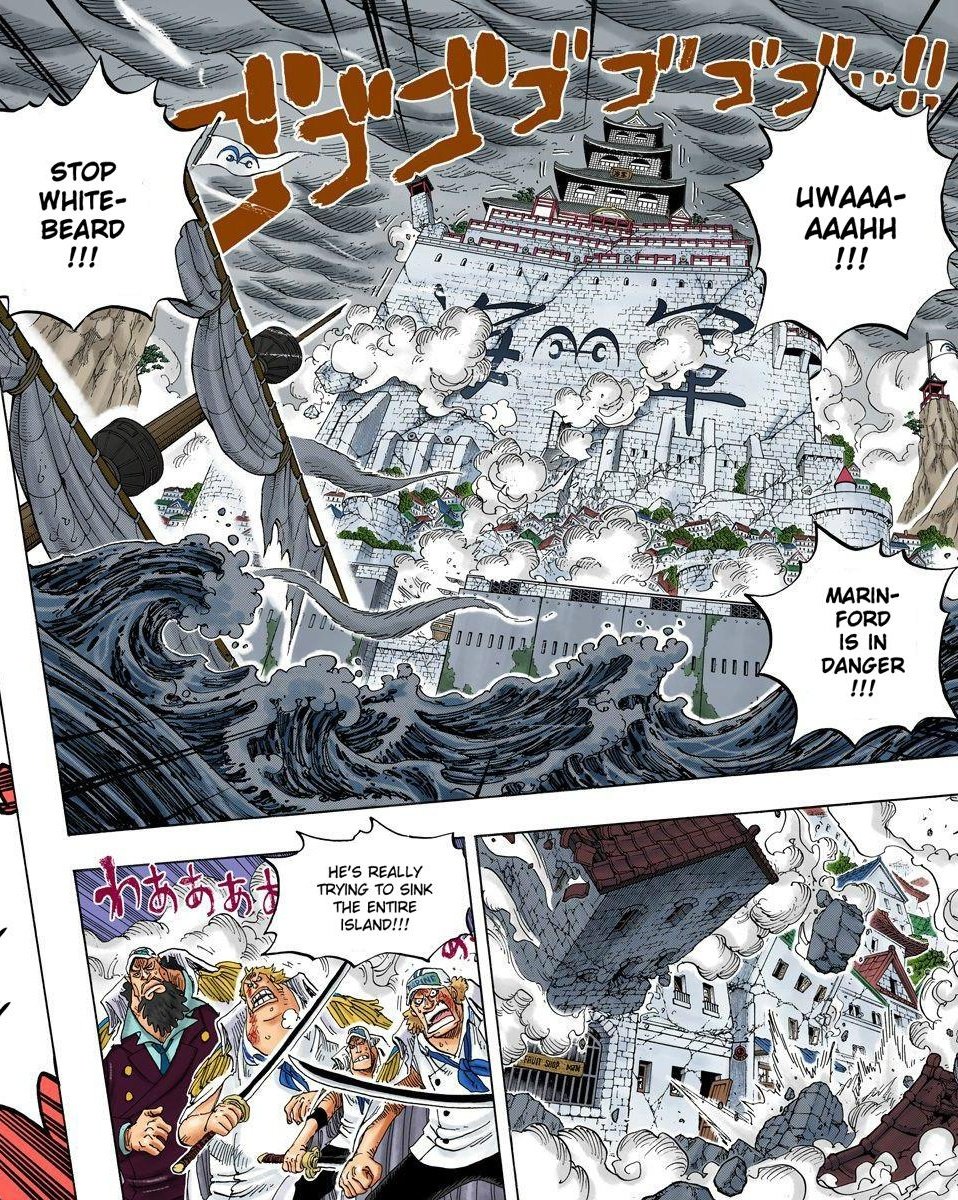 Now he can use his full power because his comrades are running away.Think about that. He couldn't use his full df power before but now he can.The problem is his condition is absolutely miserable.So logically he can't use attacks as strong as he COULD as fresh OLDBEARD