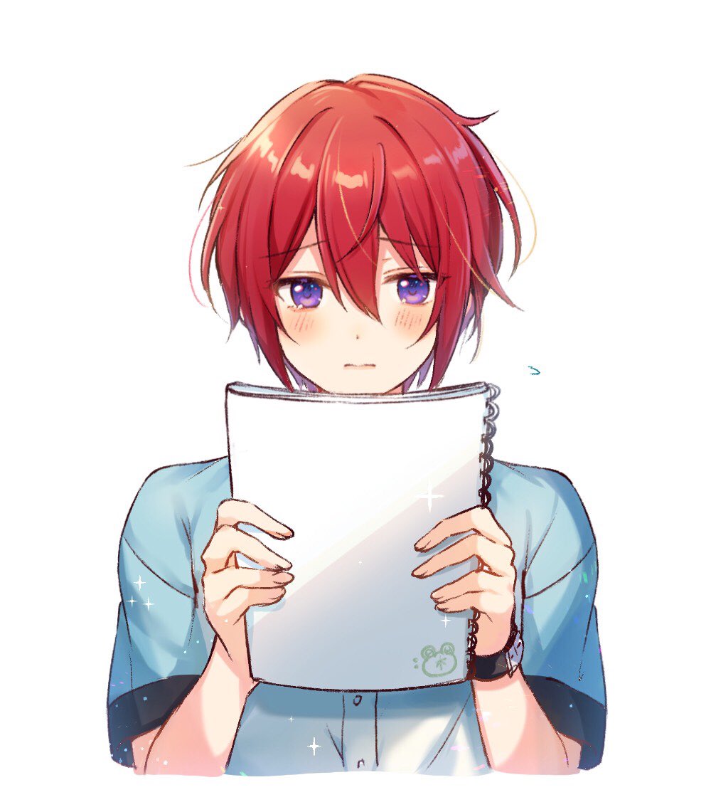 male focus 1boy solo red hair purple eyes blush white background  illustration images