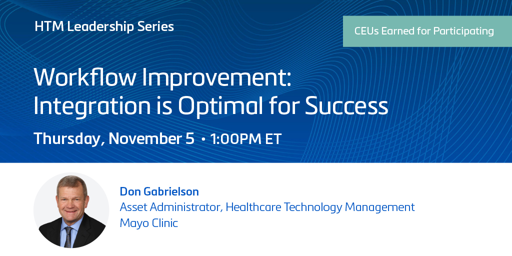 ACCE_CE's tweet photo. Please join Don Gabrielson on TH, Nov 5, 2020 at 1PM ET, as he discusses Workflow Improvement: Integration is Optimal for Success. Learn how Mayo Clinic utilized the CMMS integration with @partssource  Pro to improve workflows. Register now: https://t.co/dFLYmXLYpl
 #HTM https://t.co/BRWmQ8xZOx