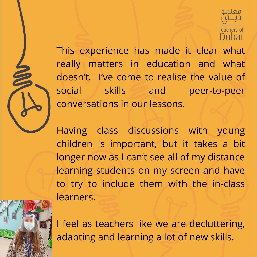 TeachersOfDubai's tweet image. "This experience has made it clear what really matters in education and what doesn’t."  "لقد أوضحت هذه التجربة ما يهم حقًا في التعليم وما لا يهم"
#MyDubai #Dubai #UAE #InThisTogetherDubai #NewDaysNewWays#DubaiSchools #TeachersCare #TeachersMatter #TeacherAppreciation