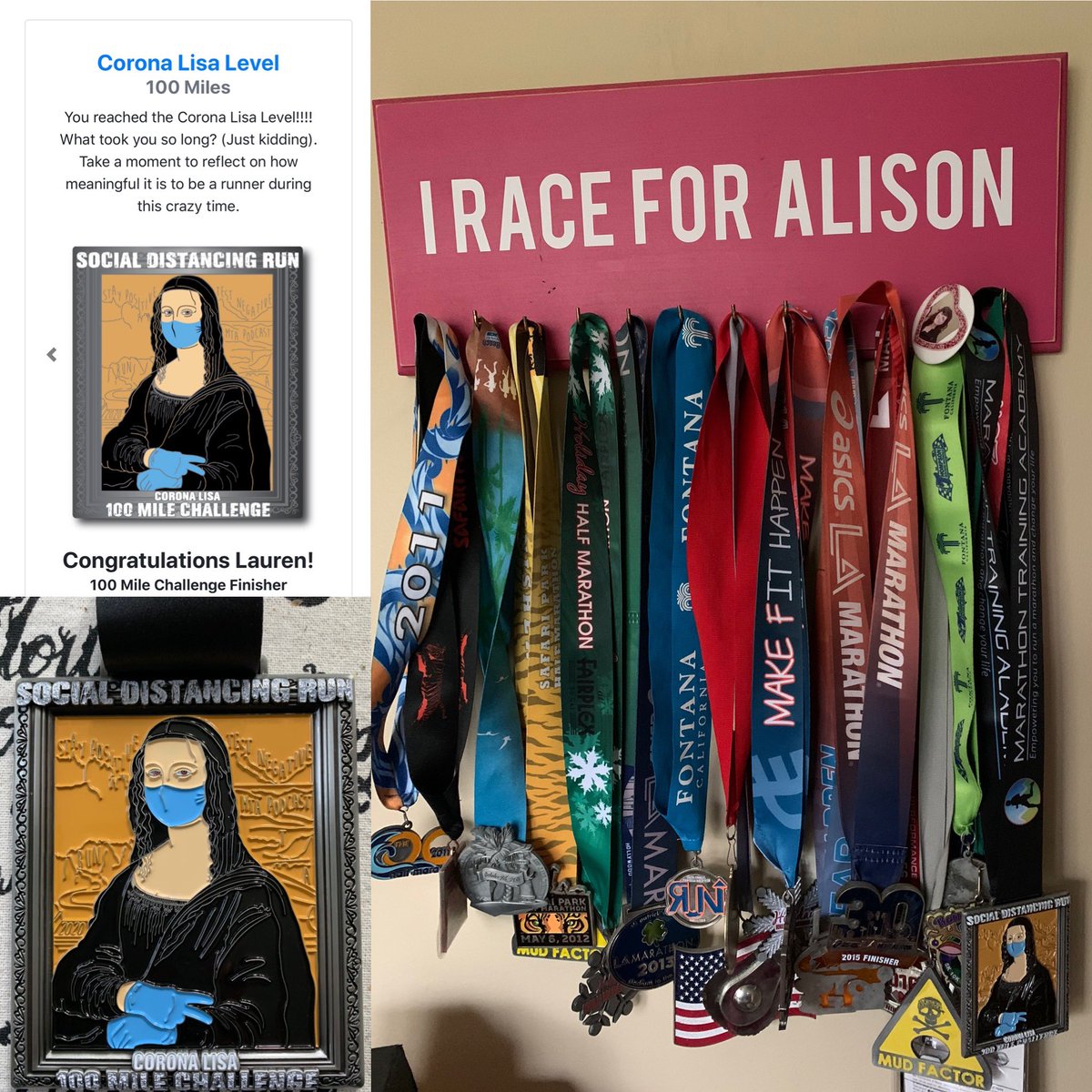 TherapistLo19's tweet image. When there are no races to run, you run 100 miles to stay sane and get a medal 🤣#socialdistancerun #coronalisa #100milechallenge #wearamask #iraceforalison #thankfulformyhealth
