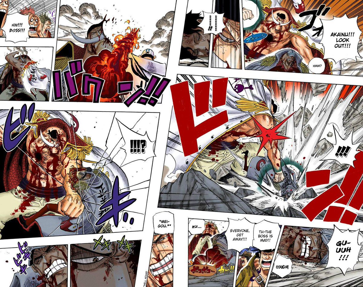One double page is enough to knock Akainu down.YES Akainu blew half of his head of BUT it was against the absolutely nerfed already halfdead WB who didn't care about anything anymore at all.I'm sure, fresh Oldbeard could easily deflect his attack but this isn't fresh Oldbrd