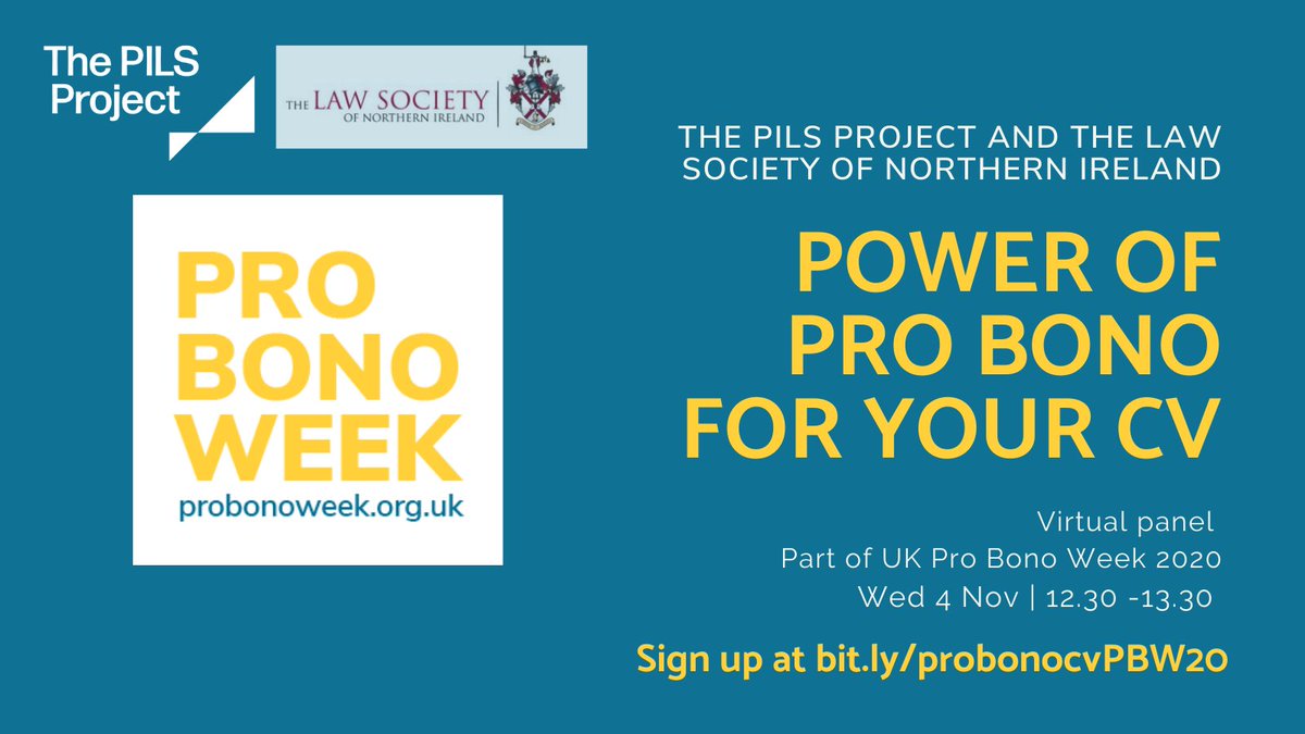 PILSni's tweet photo. 📣Are you thinking of a career in law? 

Our #ProBonoWeek webinar with @LawSociety_NI is asking whether pro bono can help power up your CV in times of #COVID. 

So whether you are a prospective #law student, or a recently qualified #solicitor or #barrister, this event is for you! https://t.co/kmM4FrPGPP