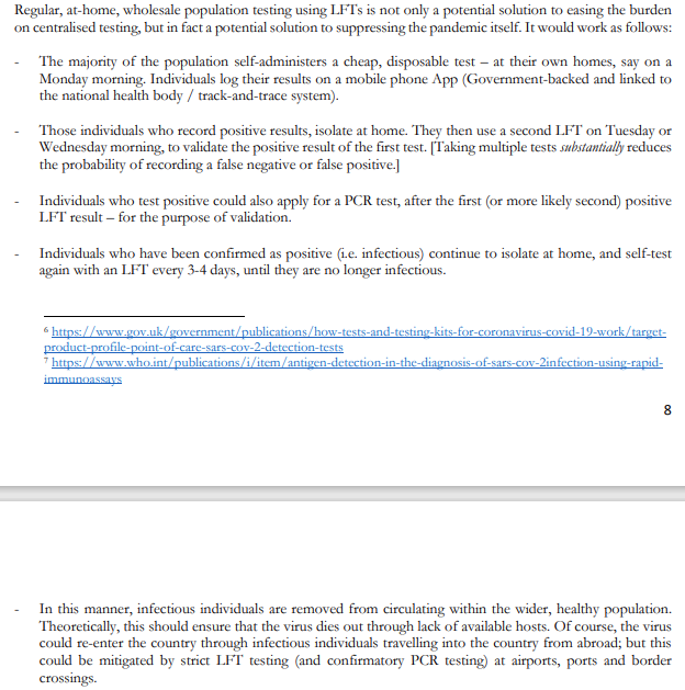 Regular, at-home  #COVID19 antigen testing is an alternative solution to mass pop. vaccination.Used proactively, in the correct manner, by the majority of the pop., it would be much more than simply a diagnostic tool, but a critical tool in suppressing the virus. Here's how: 7/n