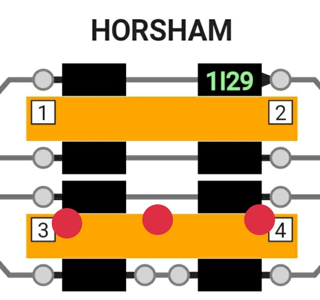 The normal method of dispatch for a 12 car train on platform 3 requires 3 people (red dots). 3/