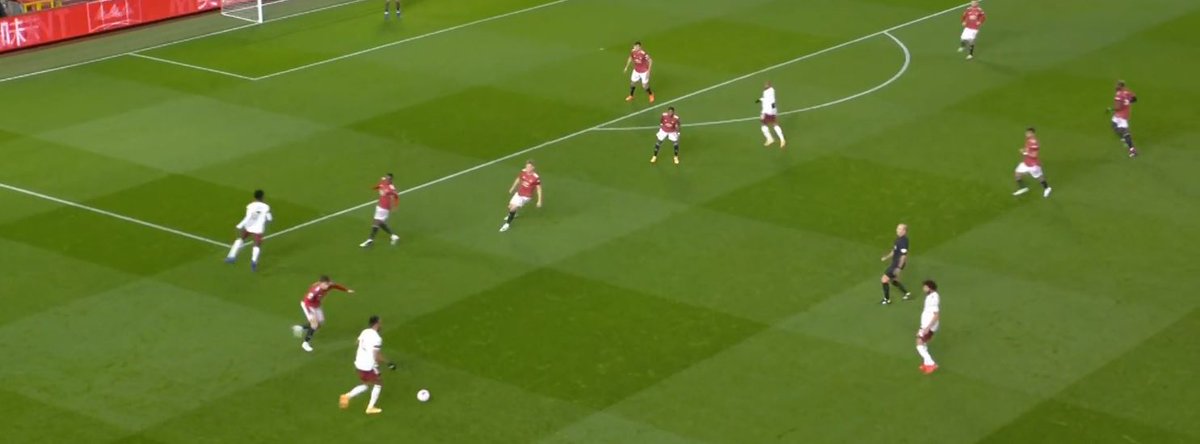 Bruno and MasonArsenal transitioned quickly but Lindelöf held up Aubameyang and he played it back. Bruno should be covering space but Mason still hasn't tracked back. So, Bruno has to leave his space and close down a player.He tells Mason this afterwards.