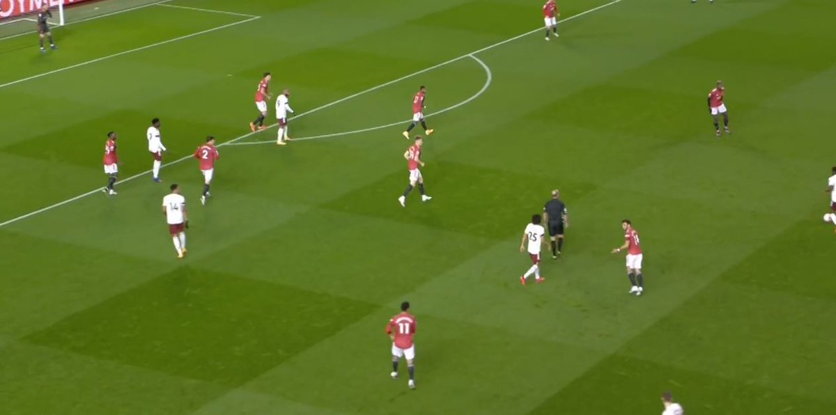 Bruno and MasonArsenal transitioned quickly but Lindelöf held up Aubameyang and he played it back. Bruno should be covering space but Mason still hasn't tracked back. So, Bruno has to leave his space and close down a player.He tells Mason this afterwards.