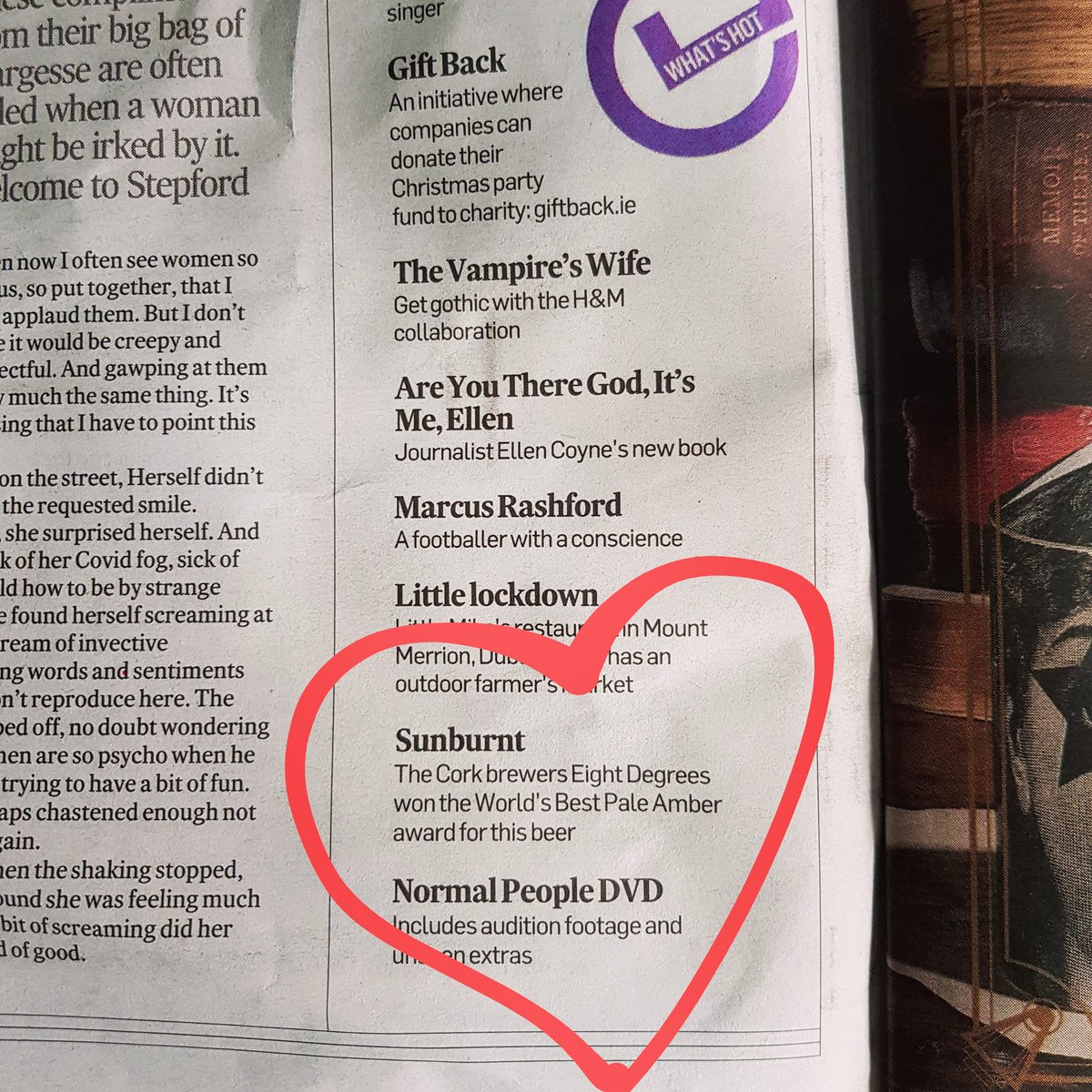 8degreesbrewing's tweet photo. We're hot! Our #SunburntIrishRed made it into @IrishTimesMag's What's Hot list this weekend. Plus, we're taking bonus points for being sandwiched between @MichaelsCoDub's Little Mike's outdoor farmer's market and the @normalpeople DVD (major #ConnellsChain fans here) https://t.co/K3TlIS4tzK