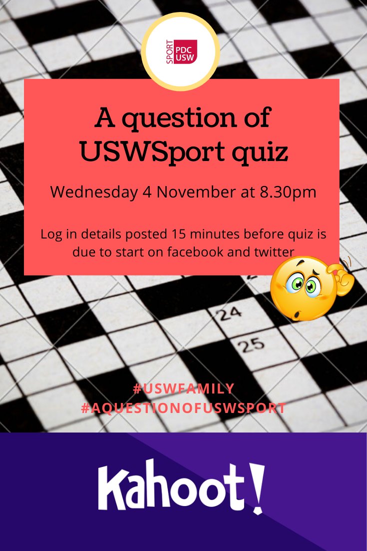 USWSport's tweet photo. Save the date - Wednesday 4 Nov 2020

A question of @USWSport quiz on Kahoot. There's been  a lot of interest already so hoping for good numbers

8.30pm start. Log in details will be posted 15 minutes before we start on social media 👍

#quizzyrascal
#riskyquizness
#eddiequizzard https://t.co/j6xO1DuuwW
