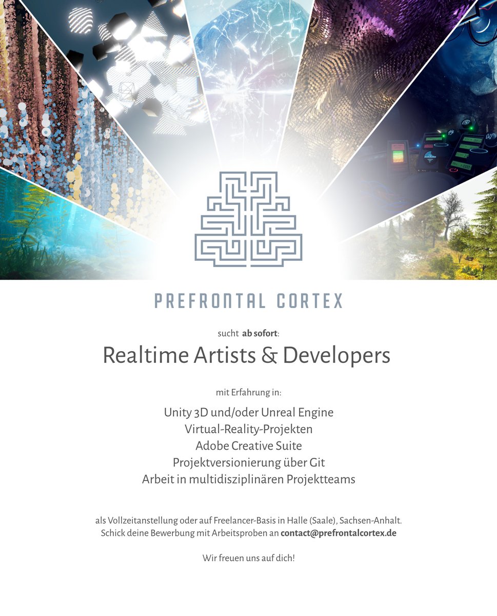 prefrontlcortex's tweet image. Wir suchen nach Unterstützung!
Bei Interesse bitte Bewerbung mit Arbeitsproben an contact@prefrontalcortex.de.
Das Team freut sich auf dich!
#joboffer #realtimedev #unity3d #UnrealEngine #HIRINGNOW #hallesaale