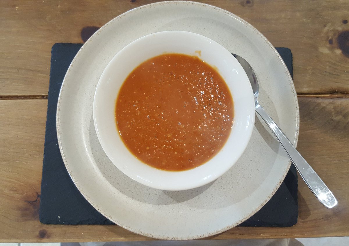 Made this delicious Moroccan tomato soup from the new <a href="/HairyBikers/">Hairy Bikers</a> #veggiefeasts cookbook. Minus the garnish. Very tasty! Would have been nice to have full nutrional info on the recipes