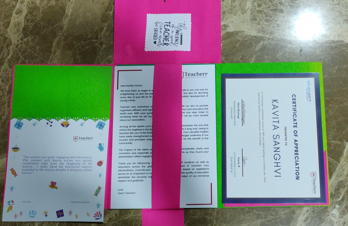 sanghvi_kavita's tweet photo. Thanks to @TeacherrTweets and @kaushalsen_15 for the beautiful #Thankyou token of appreciation. Together we can. #StudyApt #NEP https://t.co/nroNSNQ5dY