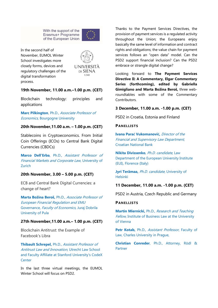 EumolM's tweet photo. #2020EUMOLWINTERSCHOOL following weeks @EumolM @unisiena @disagUSiena #virtualcurrencies #blockchain #CBVD https://t.co/0IZHfnZaAE