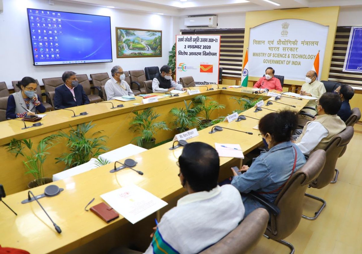 SanjayDhotreMP's tweet photo. Today, Union Minister @DrHarshVardhan Ji &amp; I released the Special Cover of @IndiaPostOffice for commemorating the Golden Jubilee of @IndiaDST, highlighting its immense achievements. Our scientists have contributed a lion’s share in India’s development. https://t.co/KXHyfdcN55