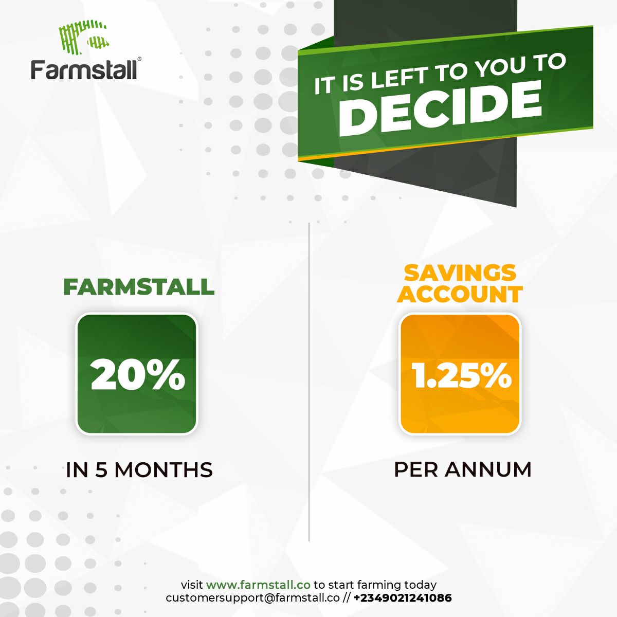 farmstall_co's tweet photo. Call our customer service on +234902 124 1086, +234 902 298 7025 for more information.
#invest #farming #investinagriculture #agribusiness #agriculture #savings #earnings #earnings #business #wealthcreation #moneylesson #farmstallinvestment #Farmstall https://t.co/8xmjhhW7F9