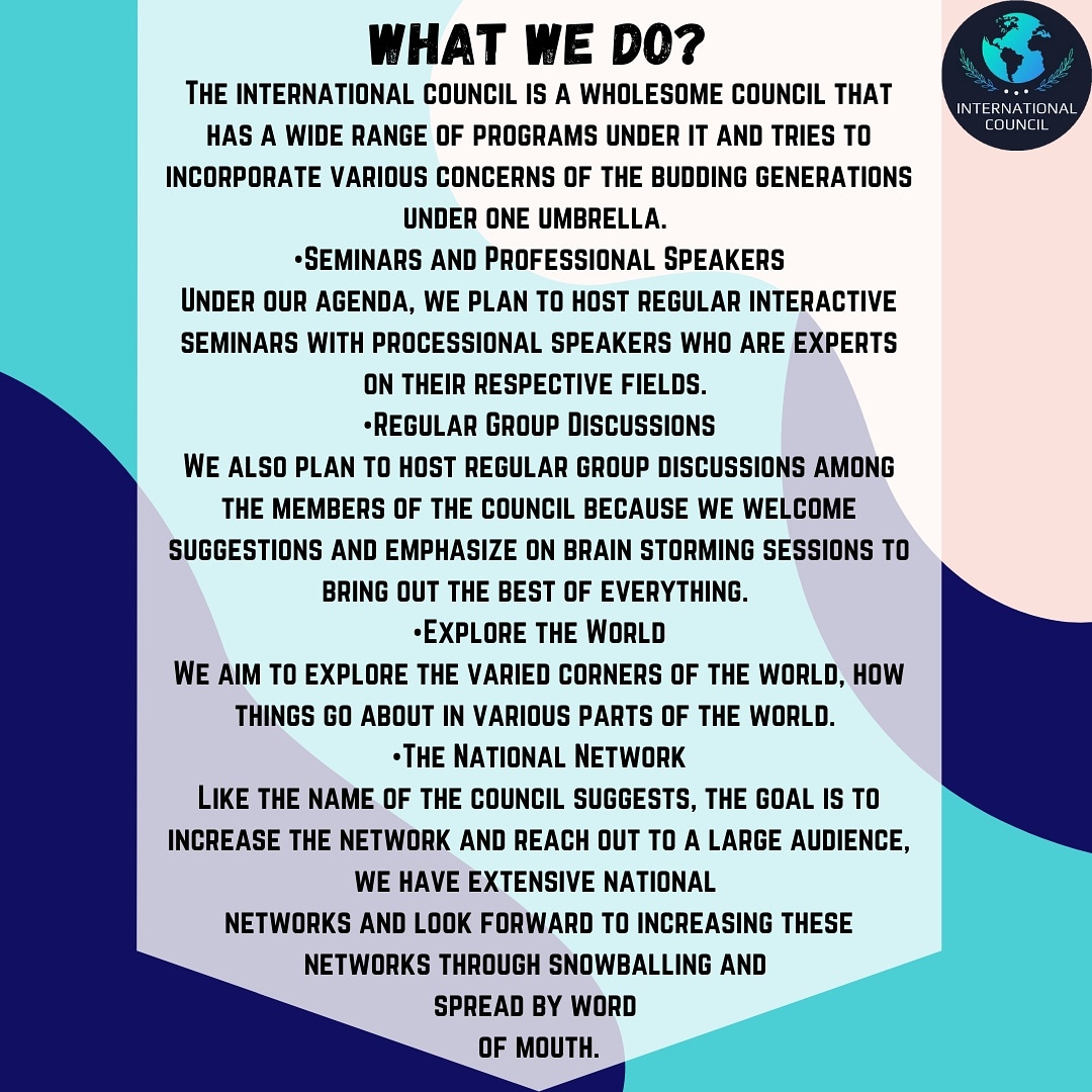 Int_council_IC's tweet photo. Initiated with an aim to add to the knowledge of all the council members than they already posses.
#ic_2020 
Follow us for more updates at 
Facebook - Internationalcouncil.ic
Twitter - Int_council_IC
LinkedIn - International council
Instagram - Internationalcouncil.ic https://t.co/hbYXv2HCmX
