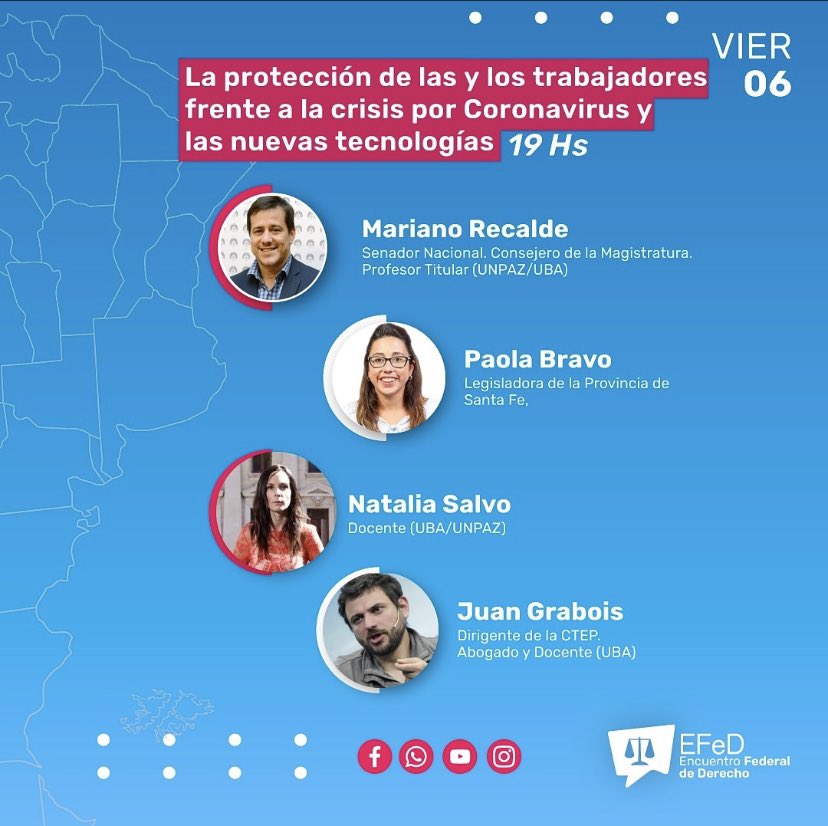 El próximo Viernes 6 de noviembre a las 19 hs se llevará a cabo una de las jornadas del ENCUENTRO FEDERAL DE DERECHO organizado por los colectivos políticos de las facultades de derecho de todo el país sobre “La protección de las y los trabajadores frente a la crisis por Covid