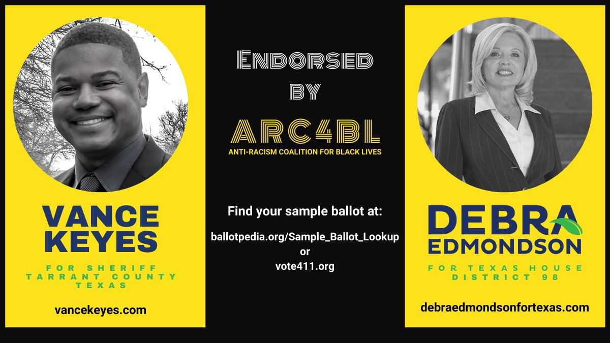 ARC4BL's tweet photo. Don’t miss these critical local races!
ARC4BL has endorsed:
For Tarrant County Sheriff - Vance Keyes - https://t.co/E8oaVIy7JZ
For Texas House District 98 - Debra Edmondson - https://t.co/CR1AyTPnfa
Vote your whole ballot! Don’t stop at the top!
@vance_keyes @DebraForTexas https://t.co/dwDw6hFw2z