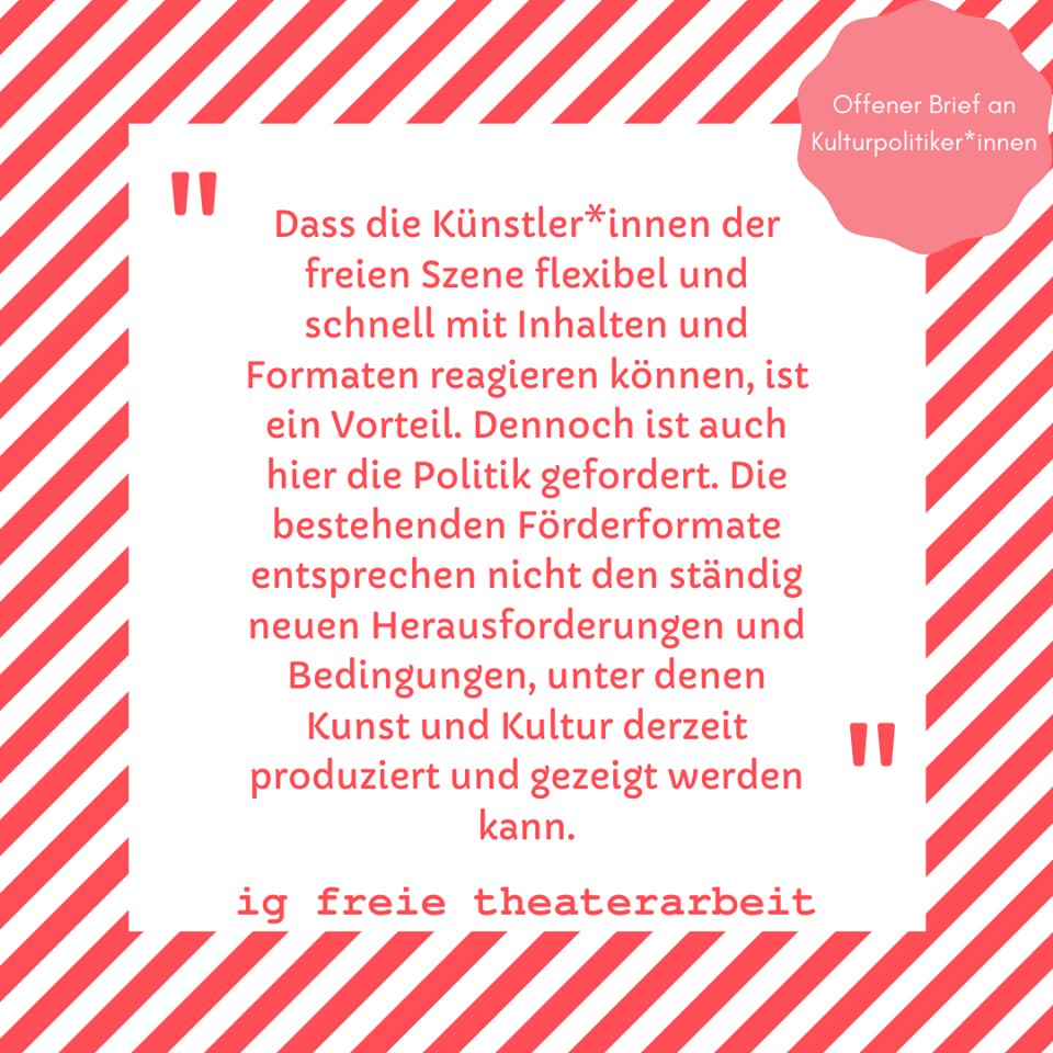 Jetzt handeln: Stabile Bedingungen für die freie Szene schaffen. Ein offener Brief der <a href="/ig_theater/">IG Freie Theaterarbeit</a> → bit.ly/3oPtIbG