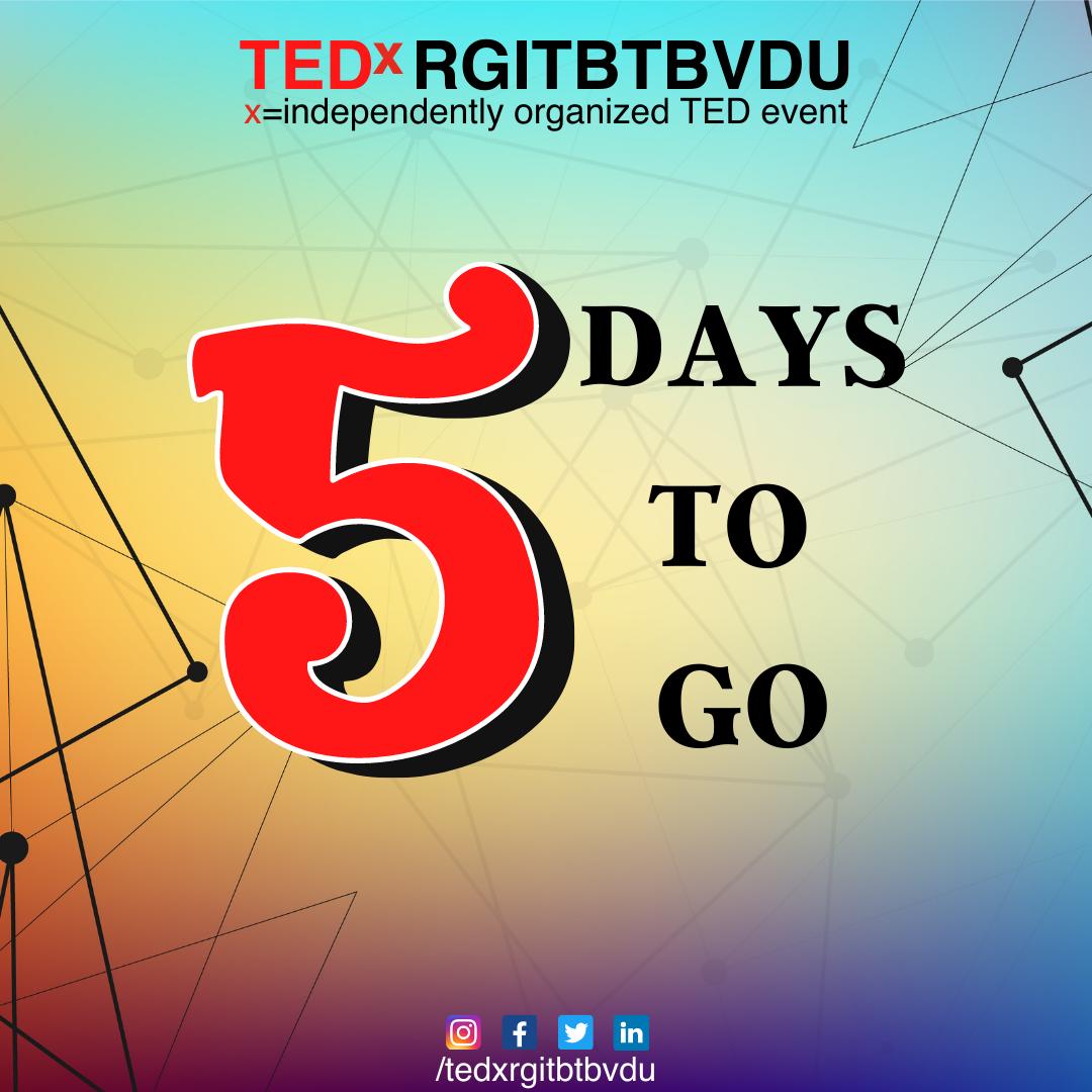 tedxrgitbtbvdu's tweet photo. Only 5 days to go guys! Stay tuned!
#tedx #tedx2020 #tedevent #virtualtedx #ideasworthspreading #newbeginings #bvdu #rgitbt #bharatividyapeethpune #rgitbtbvdu #pune https://t.co/3mj8v59ZNk