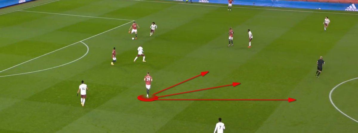 Scott McTominay – Positioning IIThis happens straight after. He is tucked in again but let's say it's OK for the sake of argument. Here, he should be showing himself into that space to receive a pass. Instead, he's hidden.McTominay and Fred should've swapped by now.
