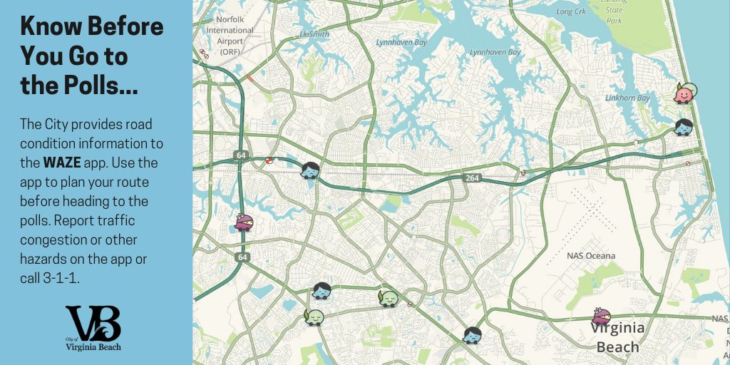 CityofVaBeach's tweet photo. The polls are open from 6 a.m. to 7 p.m., Tuesday, Nov. 3. The City has partnered with @WAZE to help residents navigate to and around Virginia Beach's 100 polling locations. Check the WAZE app before heading to the polls on Election Day. #Election2020 #VOTE https://t.co/JBy9tsg06X