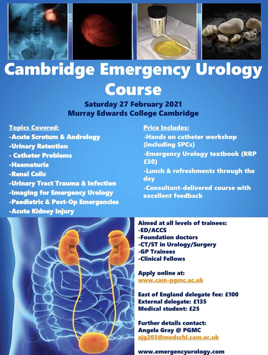 Cambridge Emergency Urology Course 2021. Great value course for #urologists #trainees #emergencymedicine #nurses #students. New lower price for #students. Fantastic 🖐 🤚 on catheter course. Places filling fast- book now!