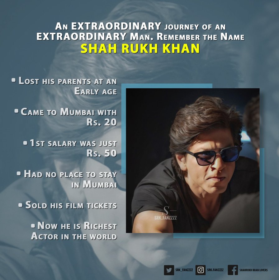 iamJagatjit45's tweet photo. * Lost his parents at an Early age 
* Came to Mumbai with Rs. 20 
* 1st salary was just Rs. 50
* Had no place to stay in Mumbai 
* Sold his film tickets 
* Now he's Richest Actor in the world..

An EXTRAORDINARY journey of an EXTRAORDINARY Man! 🙏

#HappyBirthdaySRK https://t.co/g1J1ZHZ6Hz