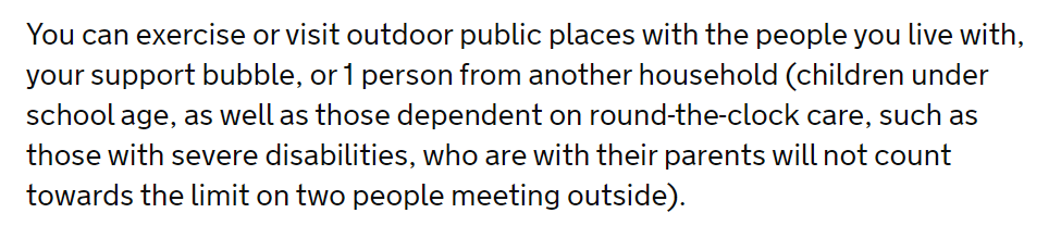 Many have rightly pointed out the effects of including babies and toddlers in limits for meeting outside your household. Good that Govt has recognised the particular challenges of parents of young children. This welcome addition to the guidance will make a difference but... 1/6