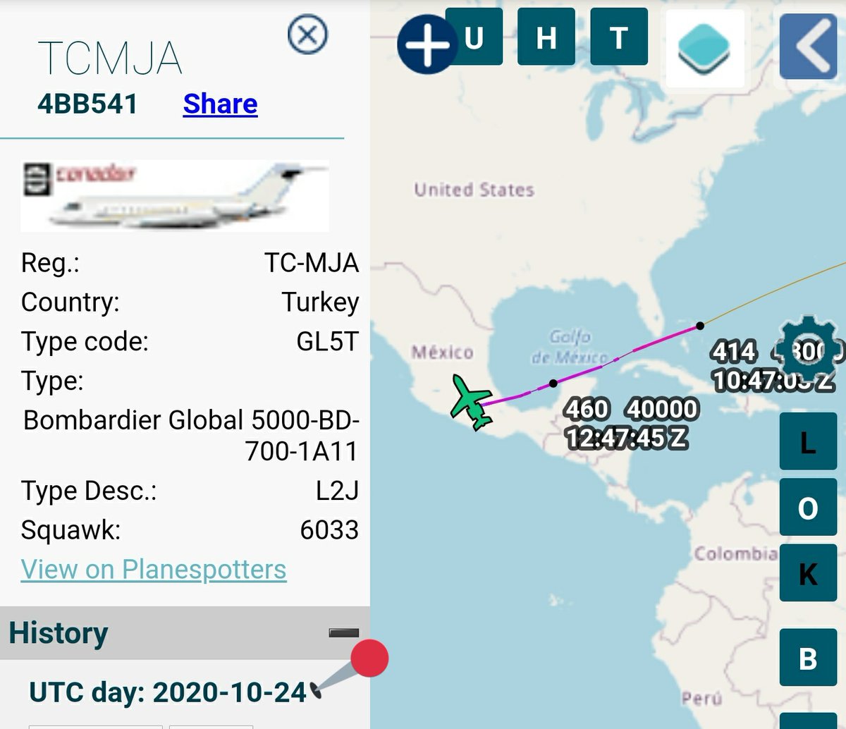 Arr3ch0's tweet photo. #TCMJA Es un GLT5 de MNG Jet, la misma empresa Turca del #TCTSR que ha estado en varias ocasiones en #Venezuela. Llegó a Toluca, México el 23Oct procedente de Istanbul, Turquía. Parece haber coincidido con PDVSA #YV2565 en Toluca y en Cozumel. También visitó Panamá. https://t.co/A7MhKRoPvg