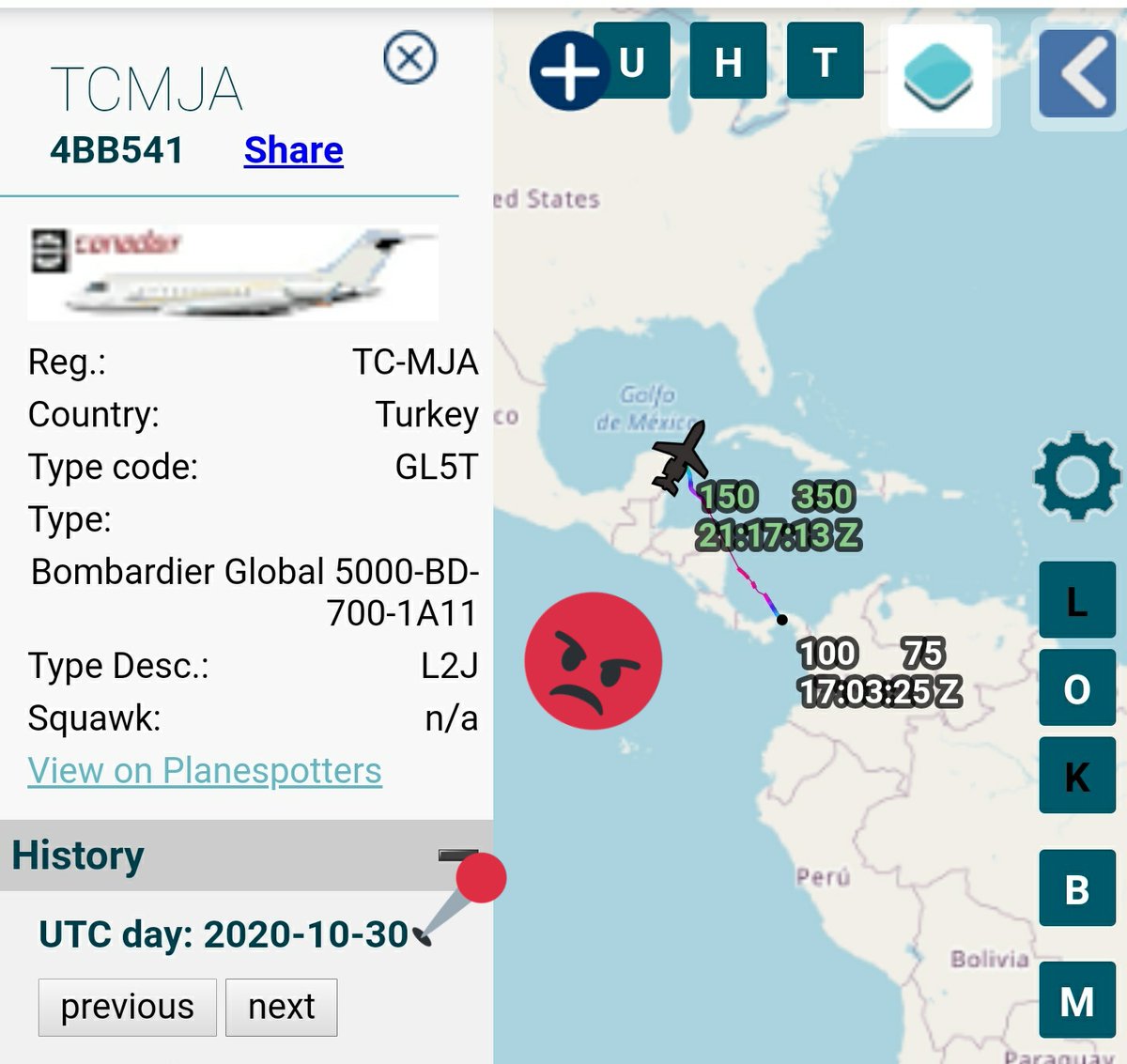 Arr3ch0's tweet photo. #TCMJA Es un GLT5 de MNG Jet, la misma empresa Turca del #TCTSR que ha estado en varias ocasiones en #Venezuela. Llegó a Toluca, México el 23Oct procedente de Istanbul, Turquía. Parece haber coincidido con PDVSA #YV2565 en Toluca y en Cozumel. También visitó Panamá. https://t.co/A7MhKRoPvg