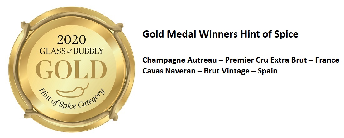 Congratulations to the Gold Medal Winners in the Hint of Spice Category at the Glass of Bubbly Awards
<a href="/LaurentAutreau/">Champagne Autréau de Champillon</a>  <a href="/CavasNaveran/">Naveran</a>