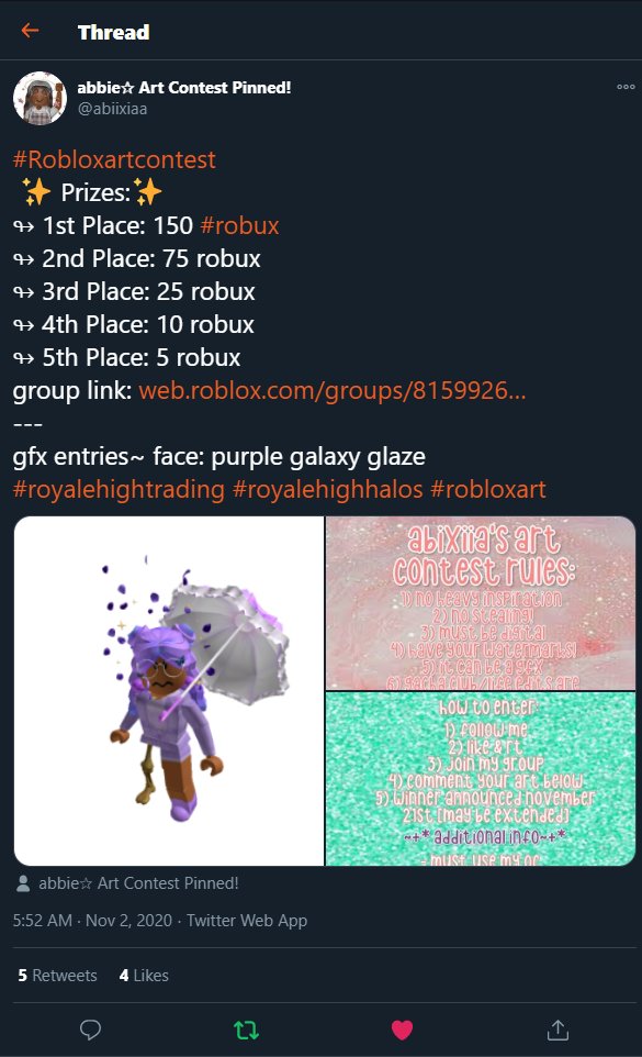 On Twitter Robloxartcontest Prizes 1st Place 150 Robux 2nd Place 75 Robux 3rd Place 25 Robux 4th Place 10 Robux 5th Place 5 Robux Group - heavy roblox face