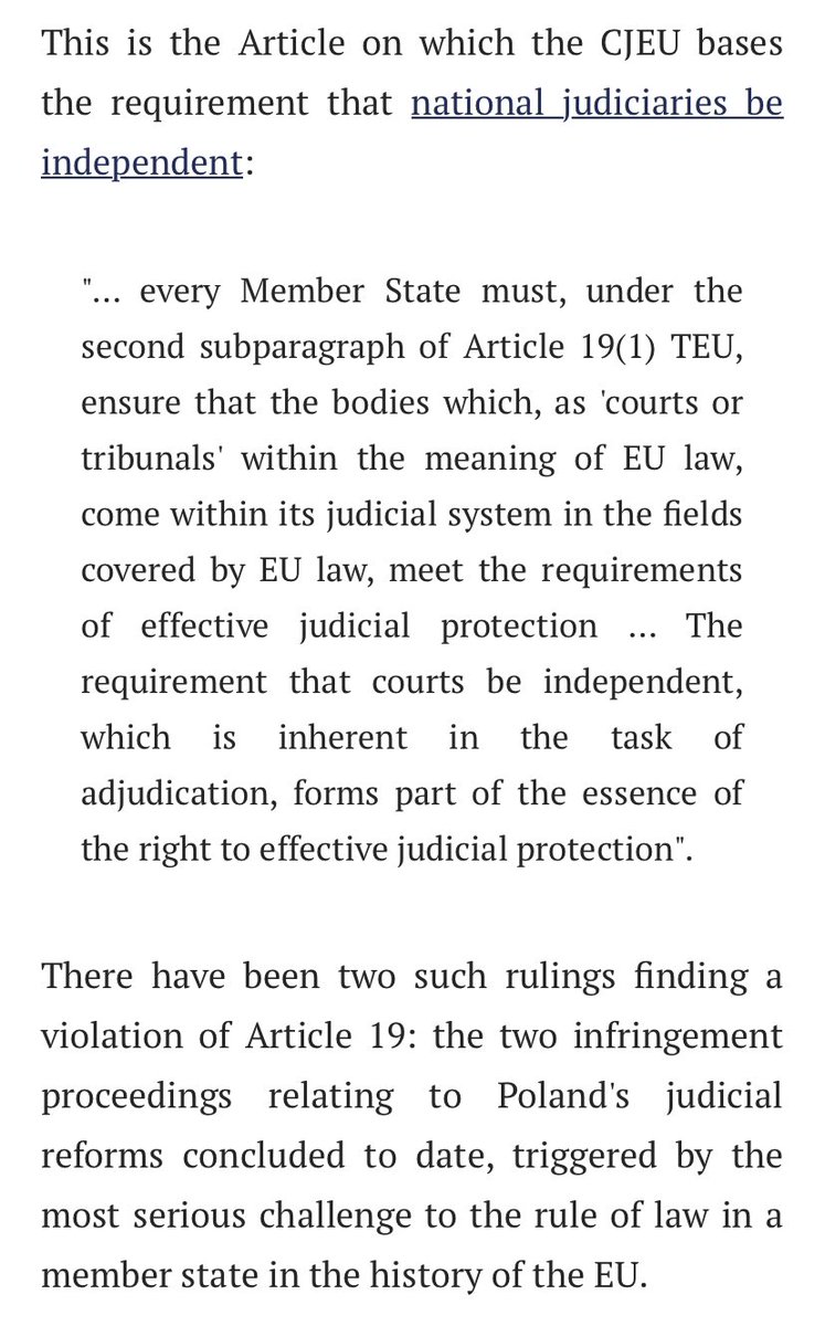 Strengthen this existing mechanism: - the  @EUCourtPress, ruling on violations of the  treaty - infringement procedures - article 19 of the treaty: „Member States shall provide remedies sufficient to ensure effective legal protection in the fields covered by Union law."