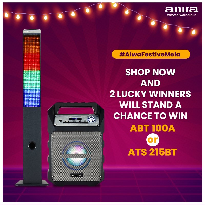 Shop now from our website and share your story with us. Two lucky winner will get a chance to win ABT100A or ATS-215BT
-Follow us on FB&amp; Instagram
- Buy an Aiwa product on Festive discounts and share pic with our product
- Tag us in your stories
- Tag 5 Friends
#AiwaFestiveMela