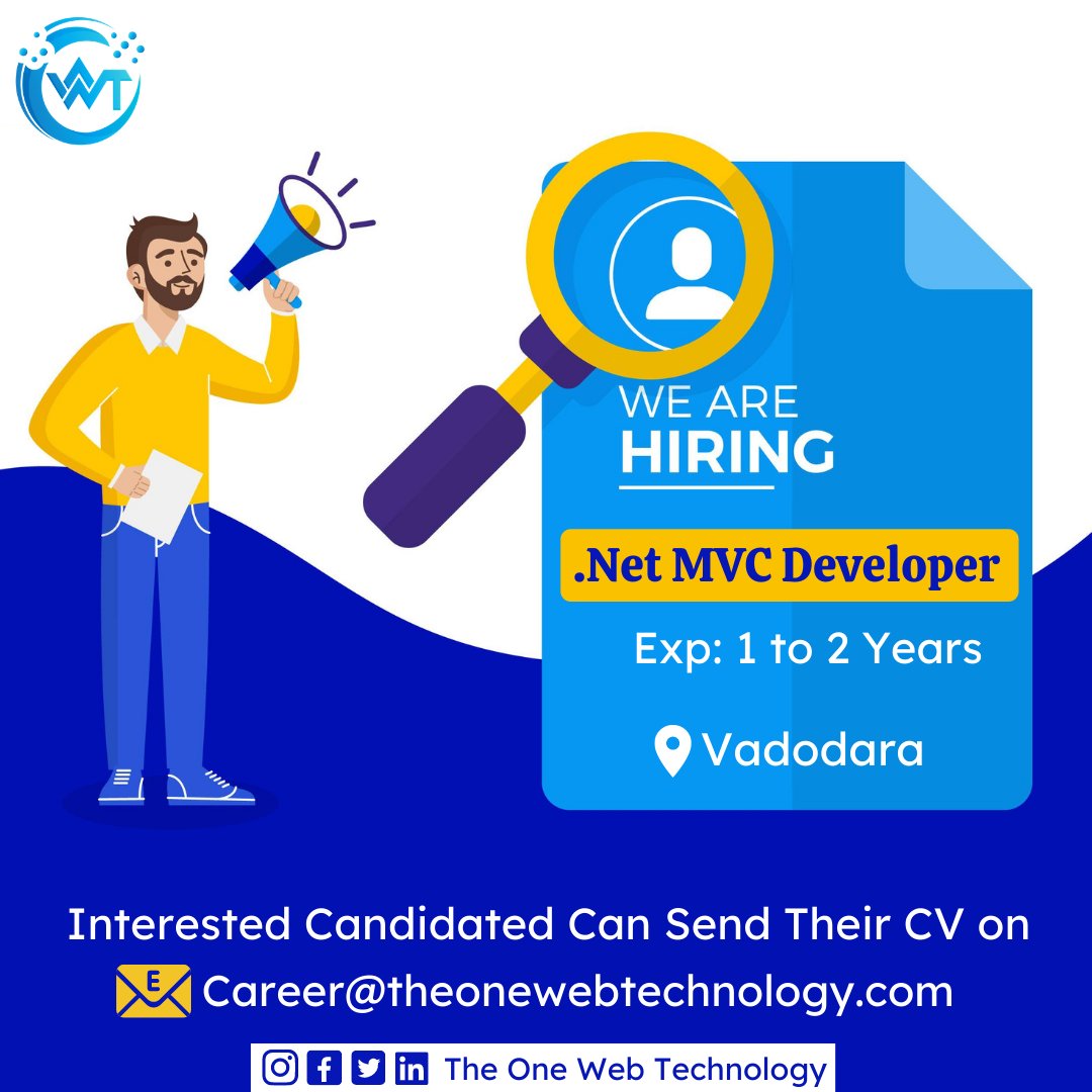 TheOneWebTechn1's tweet photo. We are #hiring ASP .NET MVC DEVELOPER.
Email Your CV on: career@theonewebtechnology.com
#theonewebtechnology #dotnetdeveloper #mvc #hiringinvadodara #mvcdeveloper #dotnetmvcdeveloper #job #jobs #developerjobs #applyforjob #hiringdeveloper #dotnet #hire #vadodara #baroda #gujarat https://t.co/mH5L5VTy9f