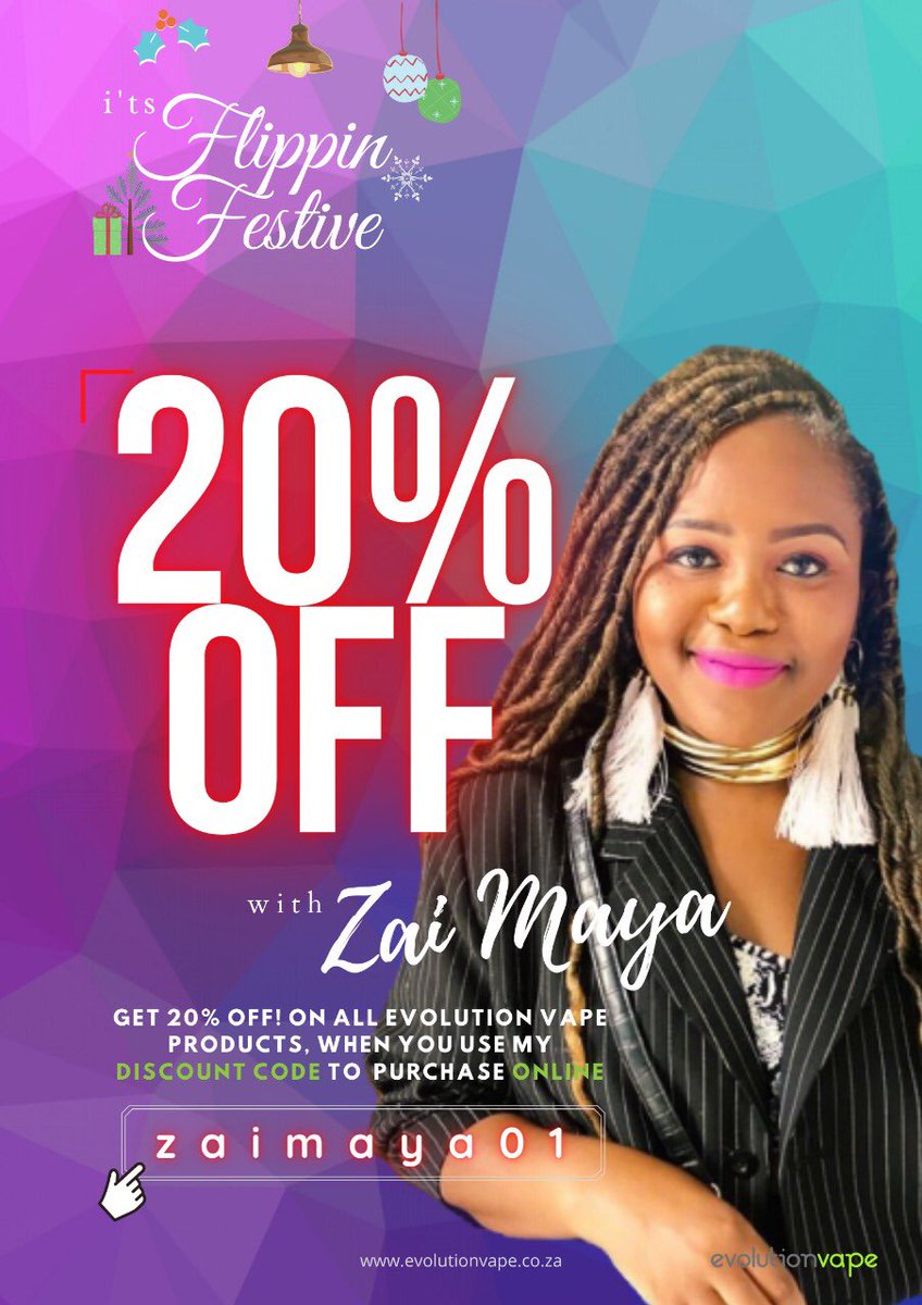 ZaiMayaMusic's tweet image. It's been a crazy year for me too but my friends @evolutionvapesa have promised to send me something awesome just nje because wow 😀

Use my code: zaimaya01 and join the gang.😉

#evolutionvape #vapefest #evojuice #discountcode