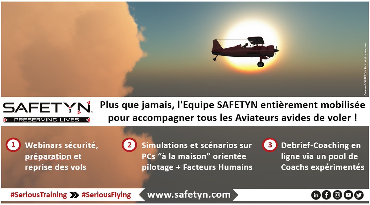 SAFETYN_Team's tweet photo. Chers pilotes, dans ce contexte inédit de reconfinement, @SAFETYN_Team 100% mobilisée à vos cotés pour rester des plus alertes. Restez sur la fréquence sur site web + newsletter: https://t.co/e7k36eiA8K
Prenez soin de vous! #seriousflying #saferpilots #exploreyourhumanfactor https://t.co/cPFq6N5Ob9