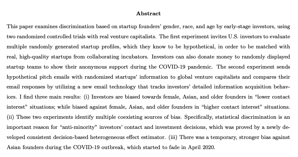 Ye ZhangJMP: "Discrimination in the Venture Capital Industry: Evidence from Two Randomized Controlled Trials"Website:  https://www.yezhang.space/ 