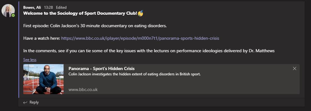 DrAliBowes's tweet photo. Launch Day! I'm running a Sociology of Sport Documentary Club for our first year students, for the first time. Starting small with a recommendation &amp; request for comments. Hopefully progress to live streaming and/or discussions (and maybe guests?). @SportNtu @TheNamesAmina https://t.co/AKsUTLkdCo